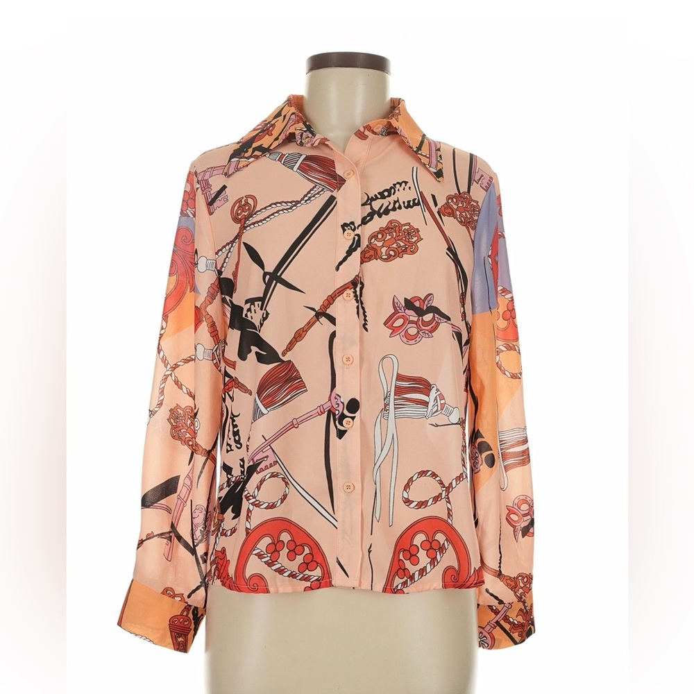 NWT Beulah Women's Artistic Print Button-Down Shirt - Peach and Black
